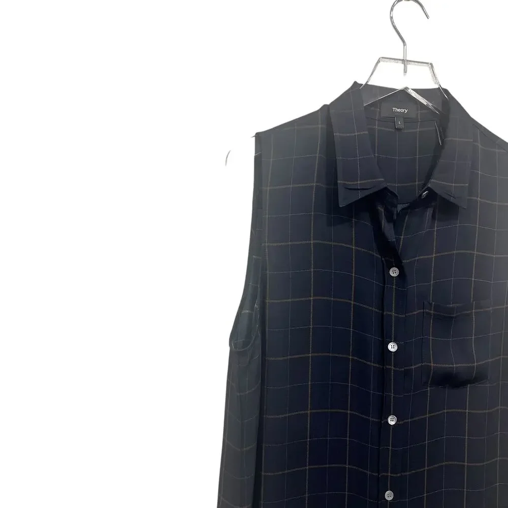 Theory Silk Blouse Tile Print Yarine Navy Blue Brown Sleeveless Size‎ L Academia